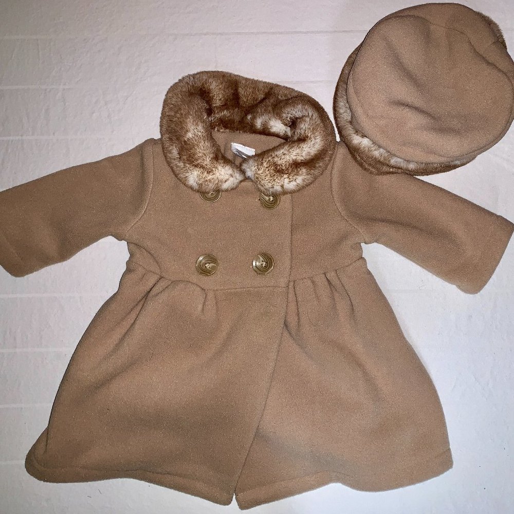 Baby Girl 6-Month Double-Breasted Coat with Faux Fur-Trimmed Collar and Hat